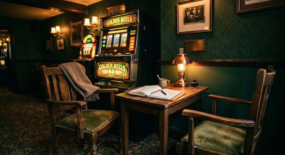 Sudut konsultasi nyaman di ruang tunggu slot vintage dengan dua kursi menghadap meja kecil berisi buku catatan terbuka